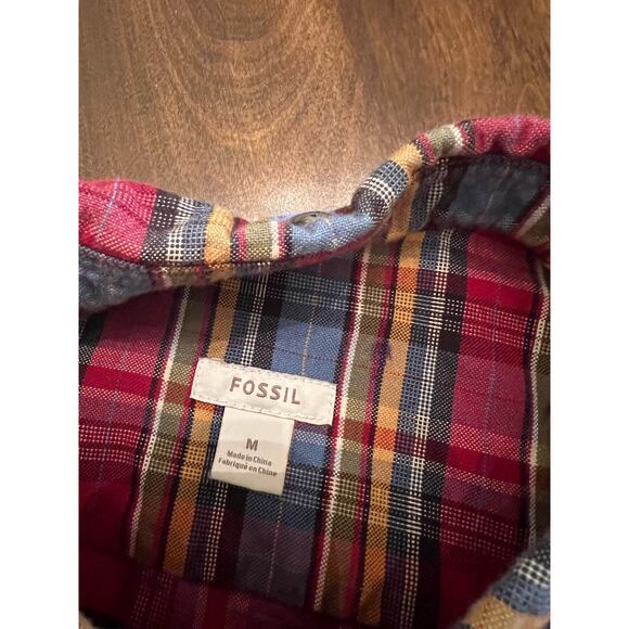 Fossil Men’s Red Blue Plaid Long Sleeve Preppy Casual Button Down Medium - Picture 3 of 6